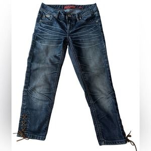 🍀ONLY JEANS Crop Stretch Denim with Laced Leather Details Missing Size